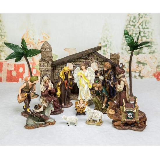 16 Pc Indoor Polyresin Hand-Painted Centerpiece Nativity Set Christmas Decor