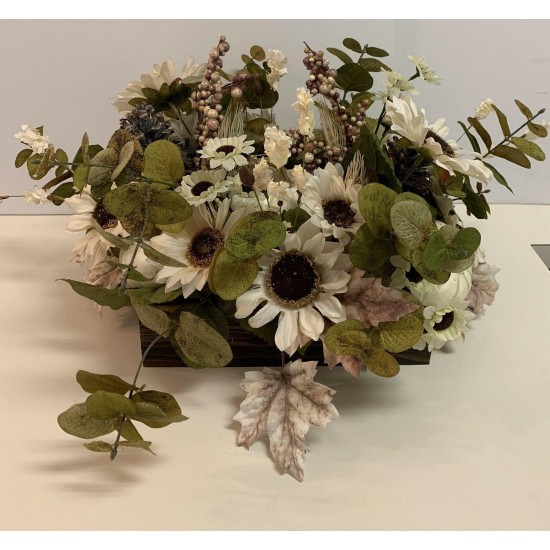 Autumn Pumpkin Centerpiece, Fall White Pumpkin And Sunflower Tabletop Decor