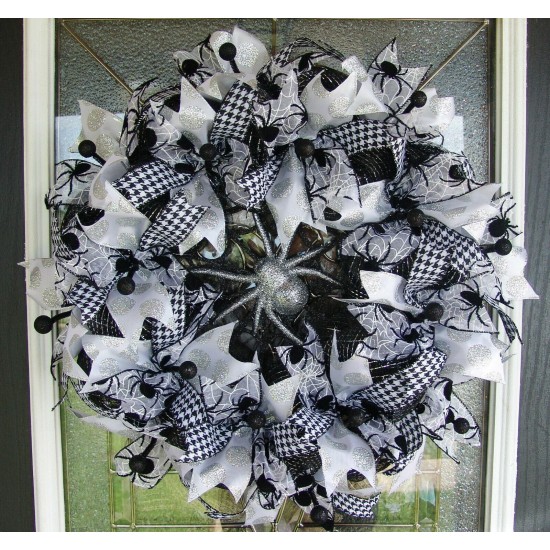 Black White and Silver Spider Halloween Deco Mesh Front Door Wreath, Porch Patio