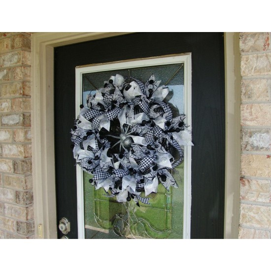 Black White and Silver Spider Halloween Deco Mesh Front Door Wreath, Porch Patio