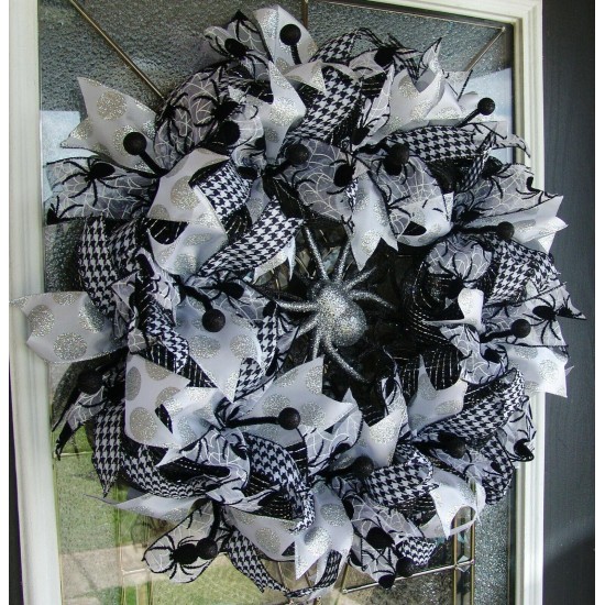 Black White and Silver Spider Halloween Deco Mesh Front Door Wreath, Porch Patio