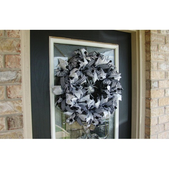 Black White and Silver Spider Halloween Deco Mesh Front Door Wreath, Porch Patio