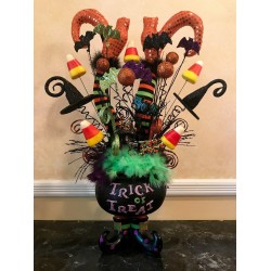 HALLOWEEN CENTERPIECE NOT WREATH CAULDRON WITCH LEGS FEATHER FLORAL RAZ DECOR