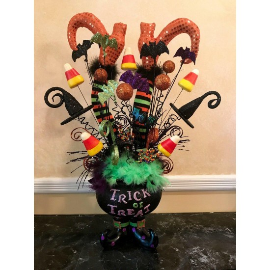 HALLOWEEN CENTERPIECE NOT WREATH CAULDRON WITCH LEGS FEATHER FLORAL RAZ DECOR