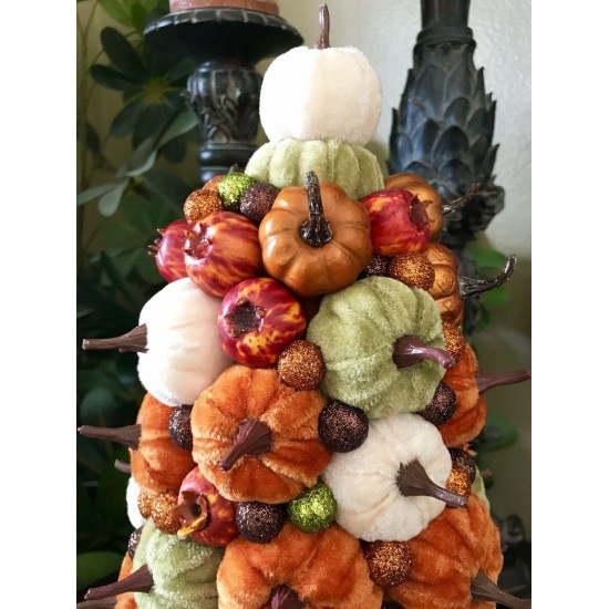 NEW FALL THANKSGIVING HALLOWEEN VELVET PUMPKINS 17” TREE CENTERPIECE TABLE DECOR