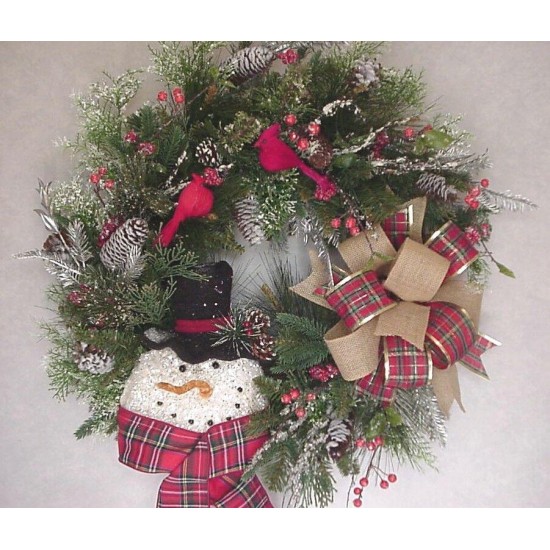 WINTER SNOWMAN COUNTRY FARMHOUSE CARDINALS EVERGREENS WREATH DOOR DECOR