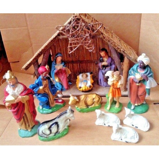 Vintage LARGE 14-Piece Lighted Musical Nativity Scene Creche Italy Silent Night