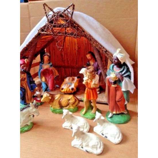 Vintage LARGE 14-Piece Lighted Musical Nativity Scene Creche Italy Silent Night