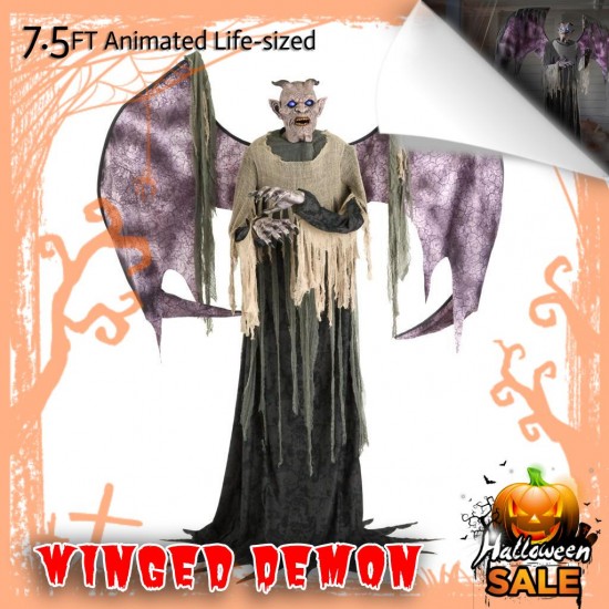 7.5 Ft Animated Life Size Winged Demon Scary Spooky Haunted Halloween Prop Decor