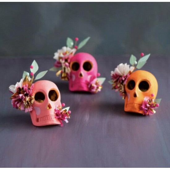 Glitterville Halloween Anthropologie Floral Skull Figure Set Of 3