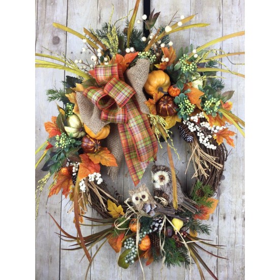 Fall Door Wreath, Fall White SUnflower Wreath, Outdoor Fall Decor, Pumpkin Wreat