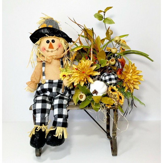 FALL SCARECROW LARGE WOOD BENCH ARRANGEMENT AUTUMN THANKSGIVING CENTERPIECE NEW