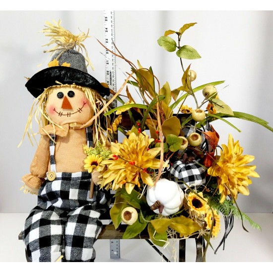 FALL SCARECROW LARGE WOOD BENCH ARRANGEMENT AUTUMN THANKSGIVING CENTERPIECE NEW