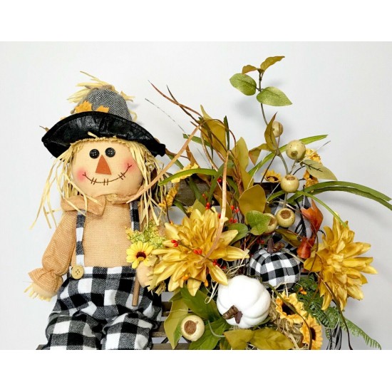 FALL SCARECROW LARGE WOOD BENCH ARRANGEMENT AUTUMN THANKSGIVING CENTERPIECE NEW