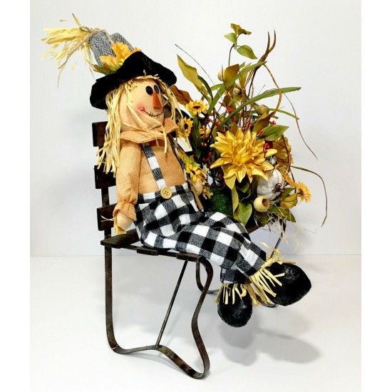 FALL SCARECROW LARGE WOOD BENCH ARRANGEMENT AUTUMN THANKSGIVING CENTERPIECE NEW