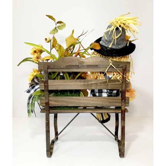 FALL SCARECROW LARGE WOOD BENCH ARRANGEMENT AUTUMN THANKSGIVING CENTERPIECE NEW