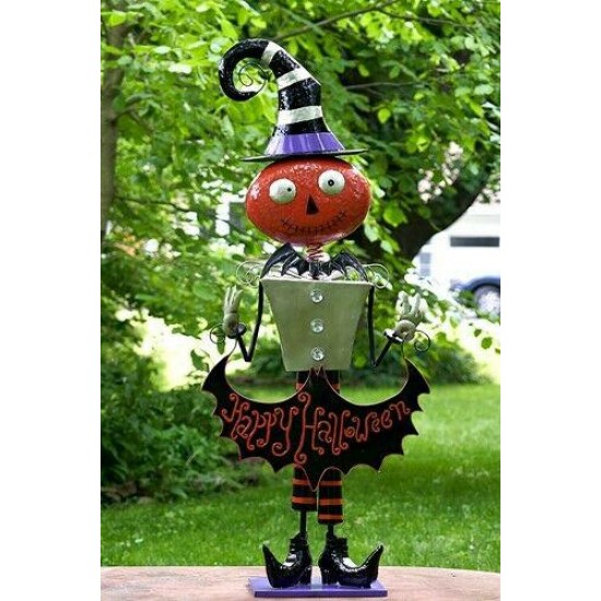 5ft Tall Metal Pumpkin Head Witch 'Happy Halloween' Figurine Decoration