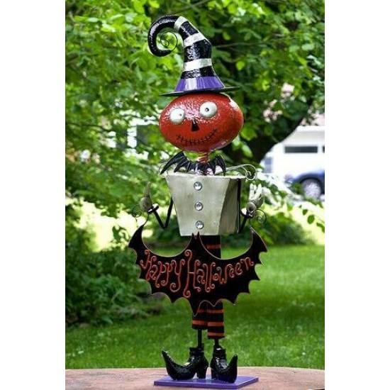 5ft Tall Metal Pumpkin Head Witch 'Happy Halloween' Figurine Decoration