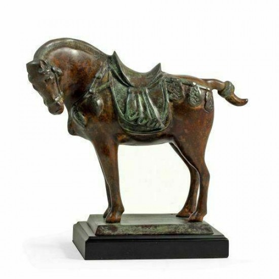 Brass Tang Horse with Flamed Patina Finish on Wood Base