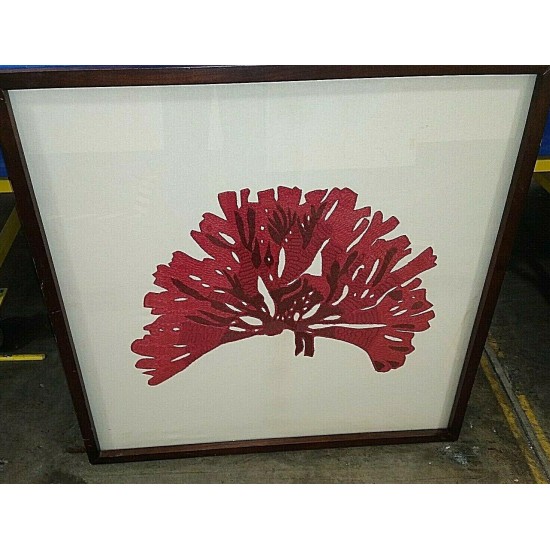 Rare  HTF Pottery Barn  Mango Wood Framed Embroidered Red Coral Art Good Cond