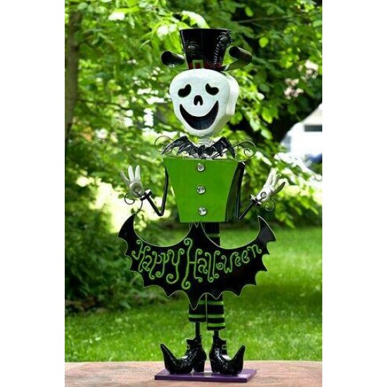 4.3ft Tall Metal Skeleton Man with Top-hat 'Happy Halloween' Figurine Decoration