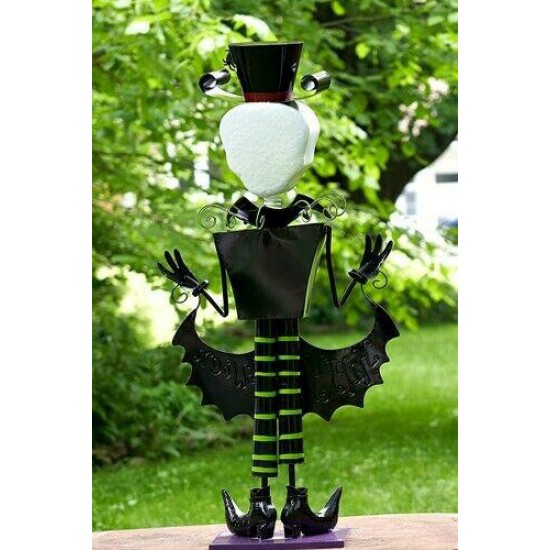 4.3ft Tall Metal Skeleton Man with Top-hat 'Happy Halloween' Figurine Decoration