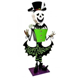 4.3ft Tall Metal Skeleton Man with Top-hat 'Happy Halloween' Figurine Decoration