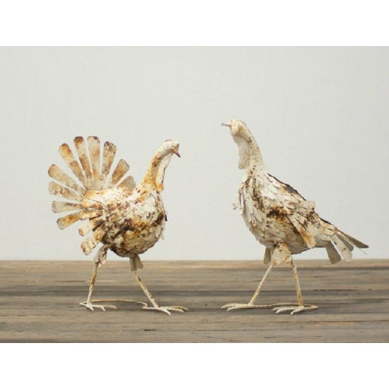 Rustic Metal Turkeys Distressed Antique White Farmhouse Thanksgiving Decor Set/2