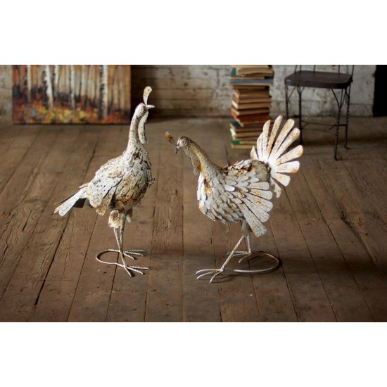 Rustic Metal Turkeys Distressed Antique White Farmhouse Thanksgiving Decor Set/2