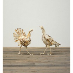 Rustic Metal Turkeys Distressed Antique White Farmhouse Thanksgiving Decor Set/2