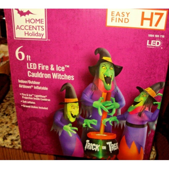 Halloween 6 ft LED Fire and Ice 3 Witches with Cauldron Projection Inflatable