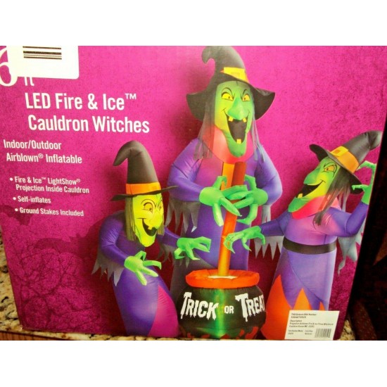 Halloween 6 ft LED Fire and Ice 3 Witches with Cauldron Projection Inflatable