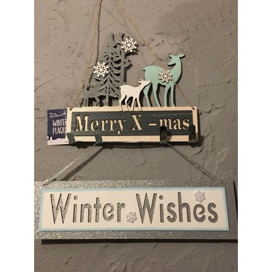 Reindeer X-Mas and Winter Wishes Christmas wall plaques with Glitter & Sparkle