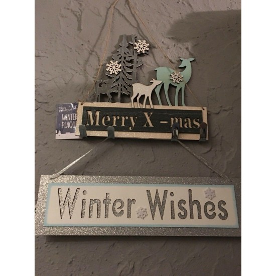 Reindeer X-Mas and Winter Wishes Christmas wall plaques with Glitter & Sparkle