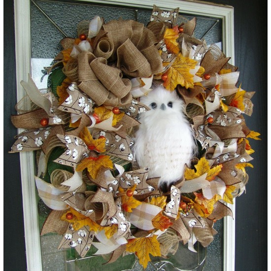 Darling Woodland Owl Fall Deco Mesh Front Door Wreath Halloween Decoration Decor