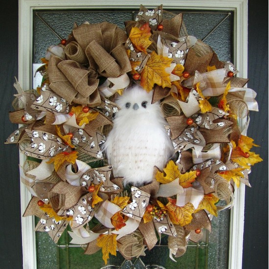 Darling Woodland Owl Fall Deco Mesh Front Door Wreath Halloween Decoration Decor