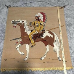 Vtg Native American 41 x 35 Lighted Wall Hanging Tapestry Mural w/ Wood Dowel