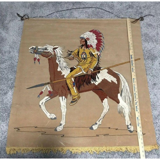 Vtg Native American 41 x 35 Lighted Wall Hanging Tapestry Mural w/ Wood Dowel