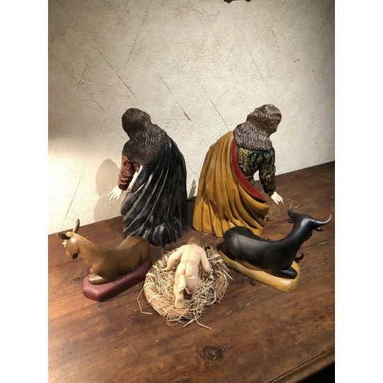 6 Piece Hand Carved Wood Made in Ecuador Nativity Set Mary Joseph Jesus Animals