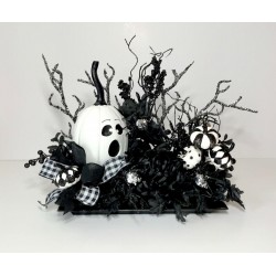 BLACK WHITE PUMPKINS SPIDERS HALLOWEEN DECORATION LARGE CENTERPIECE ARRANGEMENT