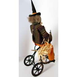 Vintage Primitive Folk Art HALLOWEEN GREEN WITCH on TRIKE by Sylvia Carlson.