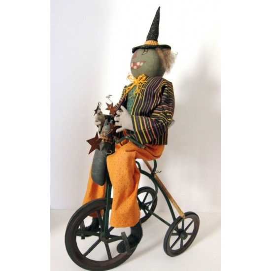 Vintage Primitive Folk Art HALLOWEEN GREEN WITCH on TRIKE by Sylvia Carlson.