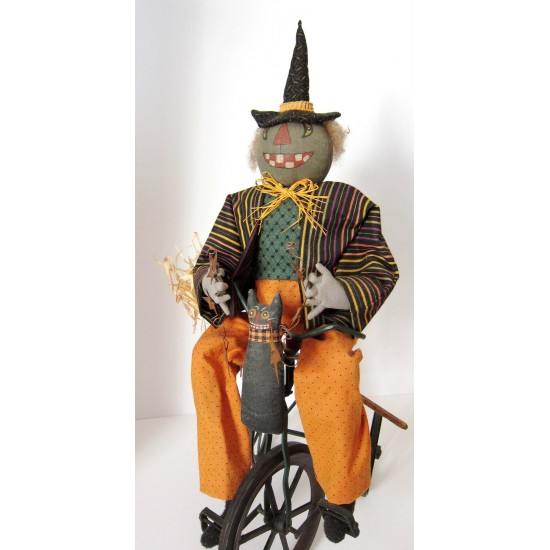 Vintage Primitive Folk Art HALLOWEEN GREEN WITCH on TRIKE by Sylvia Carlson.