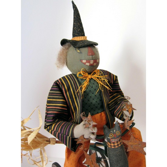 Vintage Primitive Folk Art HALLOWEEN GREEN WITCH on TRIKE by Sylvia Carlson.