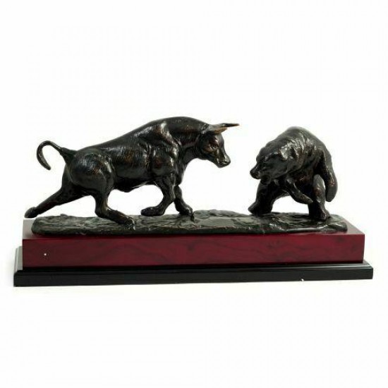 Charging Bull & Bear Sculpture With Bronzed Metal Finish