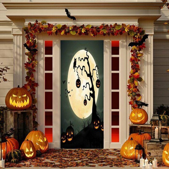 Scary Tree Door Mural Halloween Holiday Outdoor Decoration Porch Pumpkin Decor