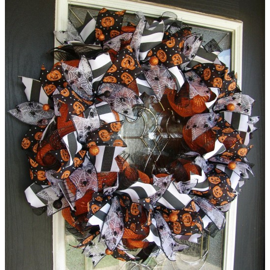 Black White & Orange Jack-o-Lantern Halloween Front Door Wreath Party Decoration