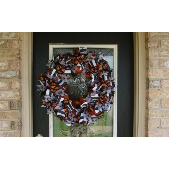 Black White & Orange Jack-o-Lantern Halloween Front Door Wreath Party Decoration