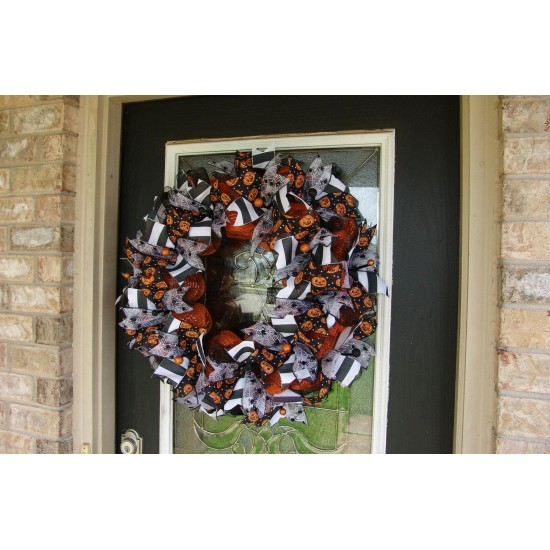 Black White & Orange Jack-o-Lantern Halloween Front Door Wreath Party Decoration