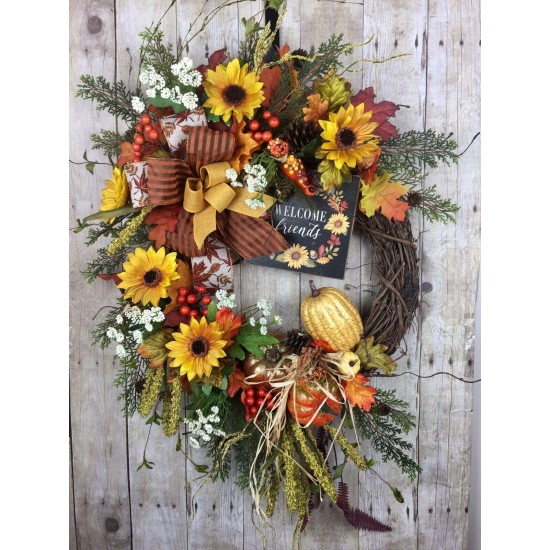 Fall Door Wreath, Autumn Door Wreath, Welcome Sign Wreath, Sunflowers, Pumpkins